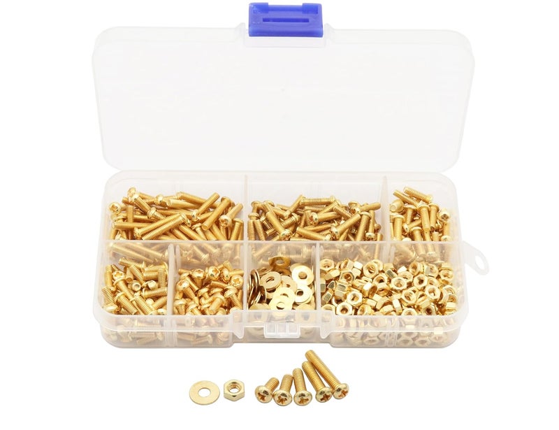 LBY 600pcs Machine Screws Assortment Kit, M3 Phillips Pan Head Bolts, 5 Sizes (with Nuts and Flat Washers), Copper (Yellow) - Image 1